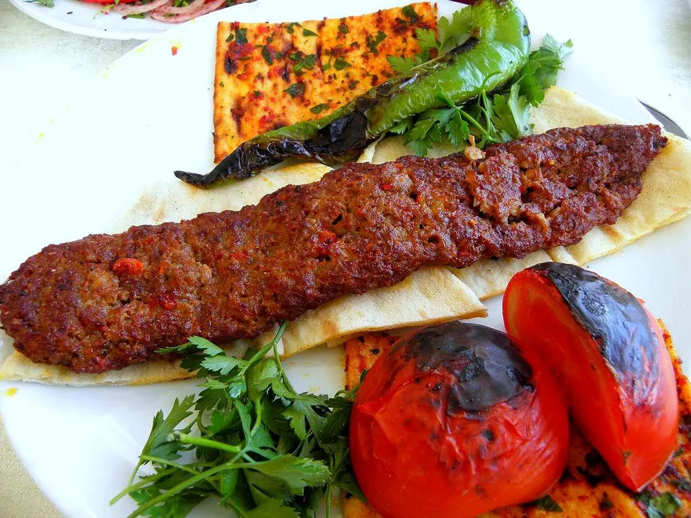 A long hand-chopped Adana kebab on flatbread with grilled chili and tomato