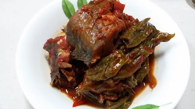 Kodari-jorim — half-dried pollock braised in a red chili sauce