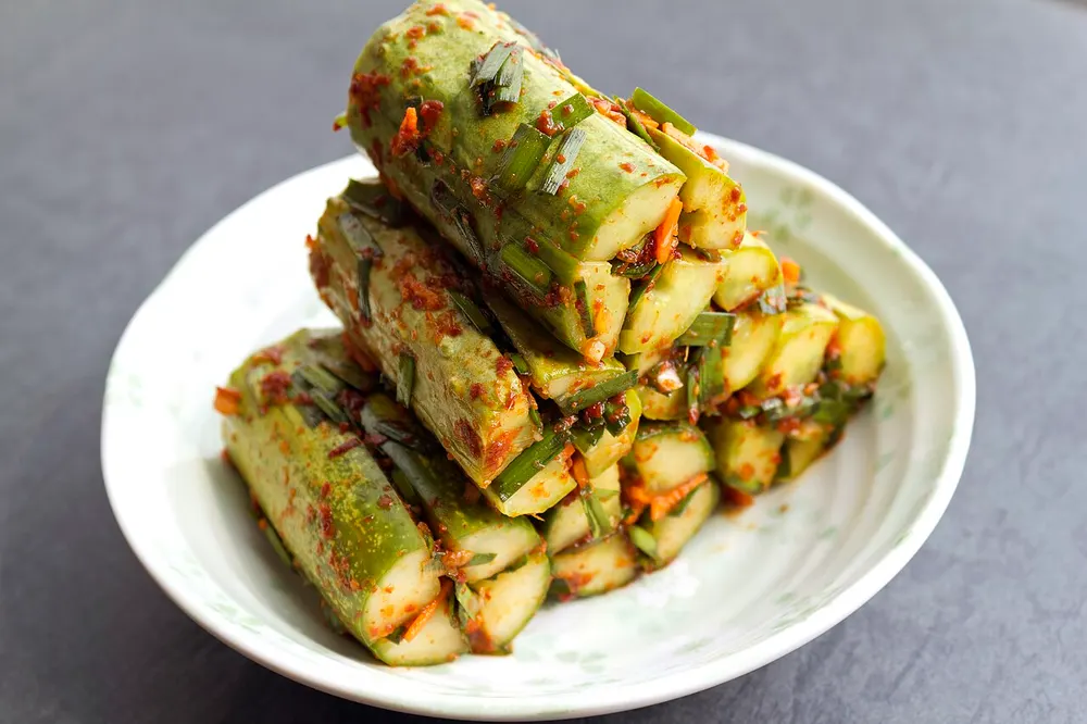 Oi-sobagi — Korean cucumber kimchi stuffed with a chili and garlic-chive filling