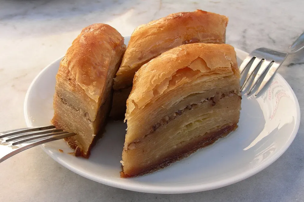 Layered phyllo baklava with a nut filling soaked in syrup