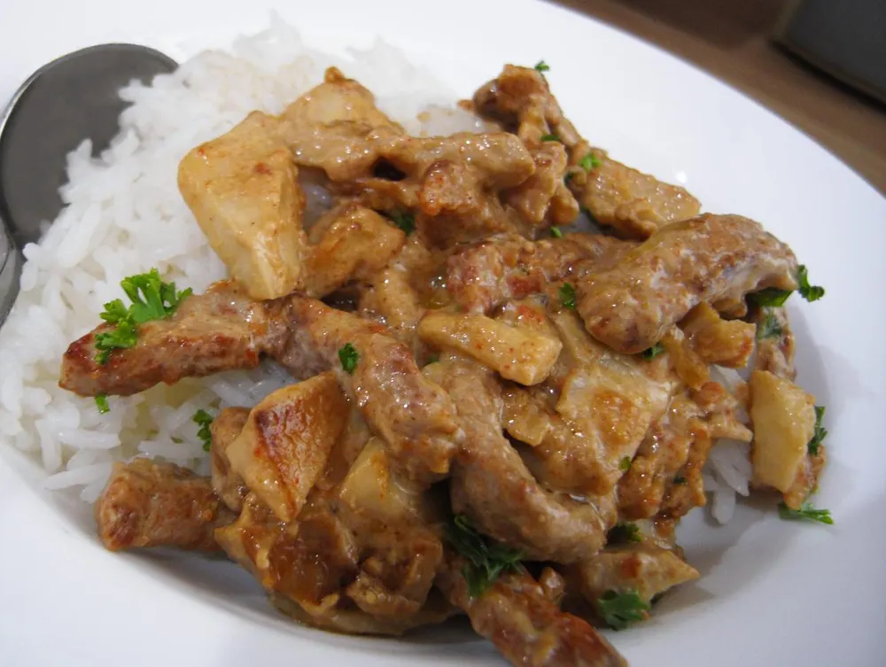 Strips of beef and sliced mushrooms in a sour-cream gravy served over white rice