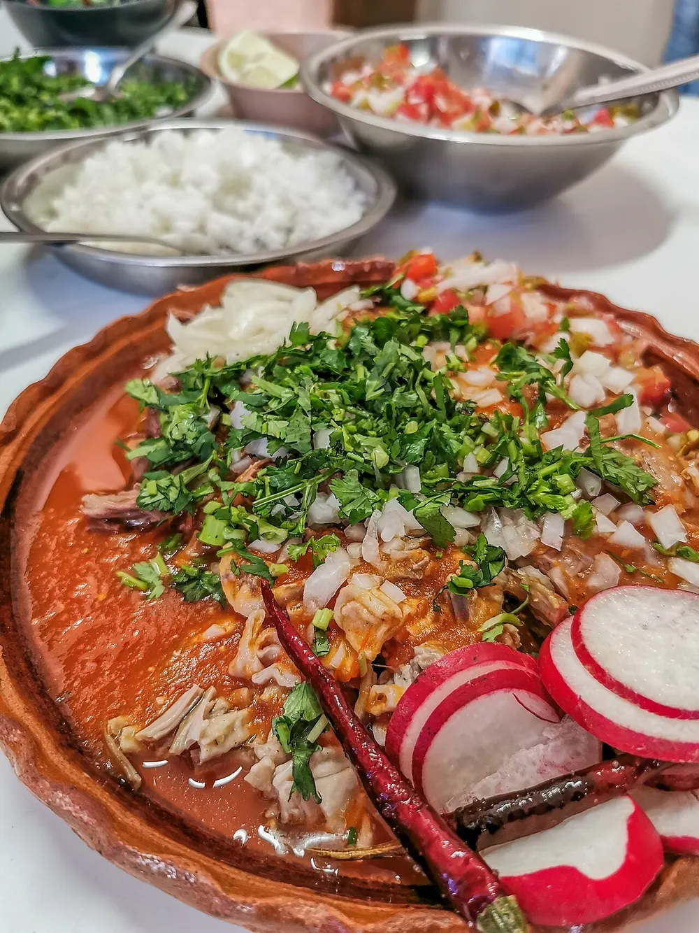 A clay bowl of red beef birria topped with coriander, onion and radish