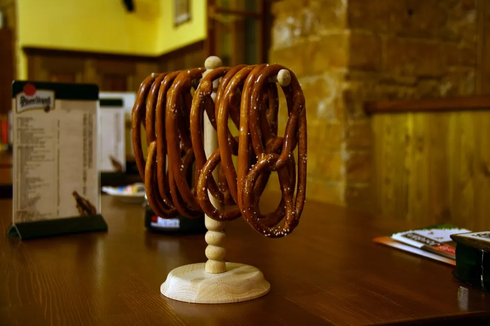 Brezel — glossy, salt-flecked German lye pretzels