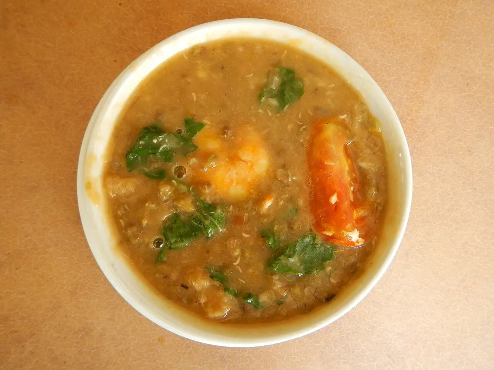 Ginisang munggo: Filipino mung bean stew with shrimp and tomato