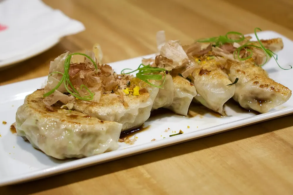 Japanese pan-fried gyoza dumplings on a plate