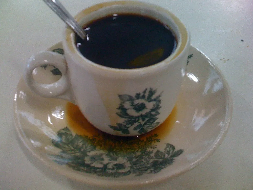 Kopi — Nanyang-style black coffee served in a floral kopitiam cup