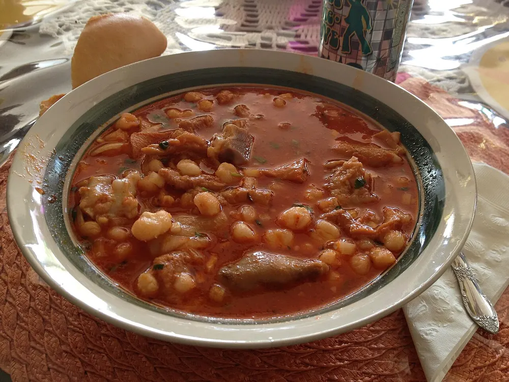Menudo rojo — red chile tripe soup with hominy
