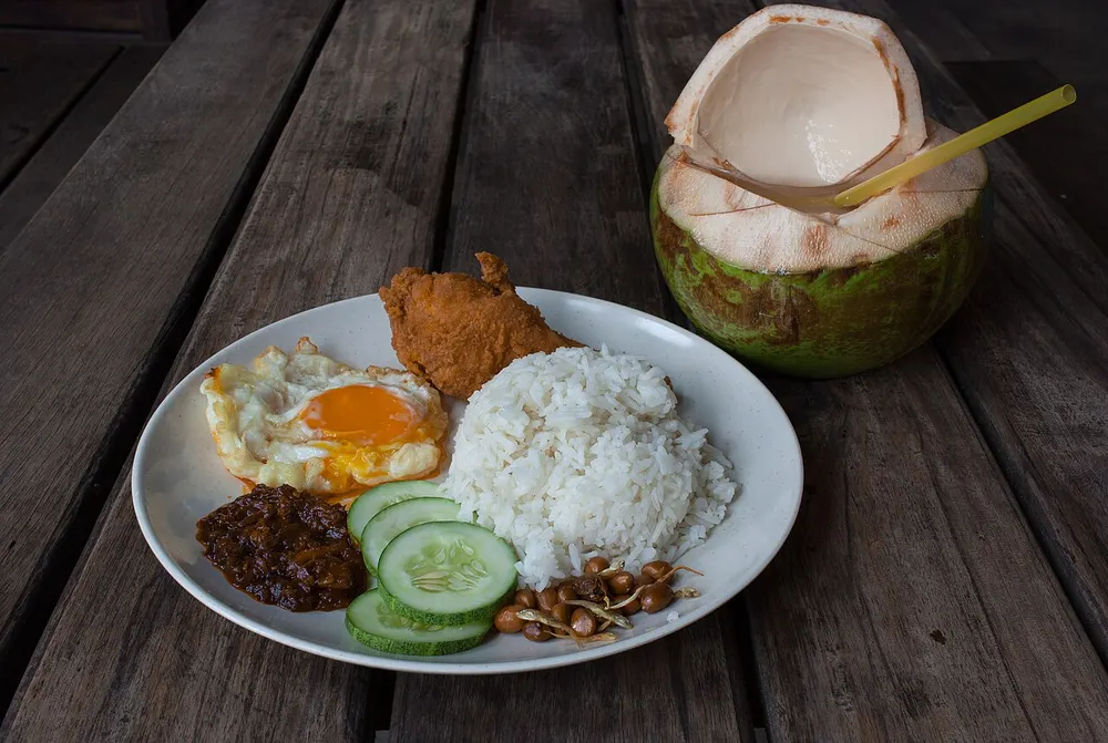 Nasi lemak — coconut rice with sambal, fried chicken, egg, peanuts and cucumber