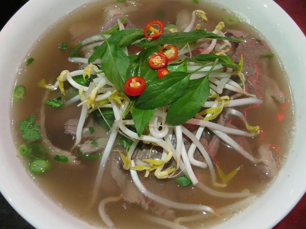 A bowl of clear beef broth with rice noodles, sliced beef, bean sprouts, Thai basil and red chili