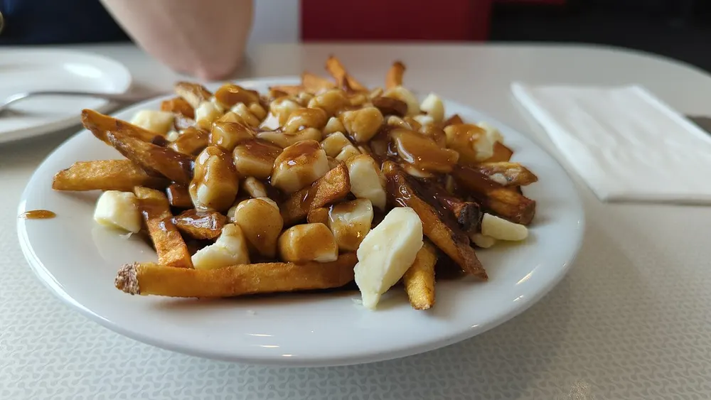Fries under brown gravy and white cheese curds