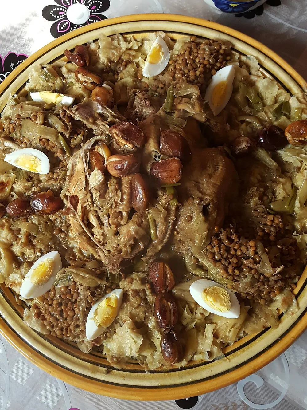 Rfissa — shredded msemen with chicken, lentils and fenugreek