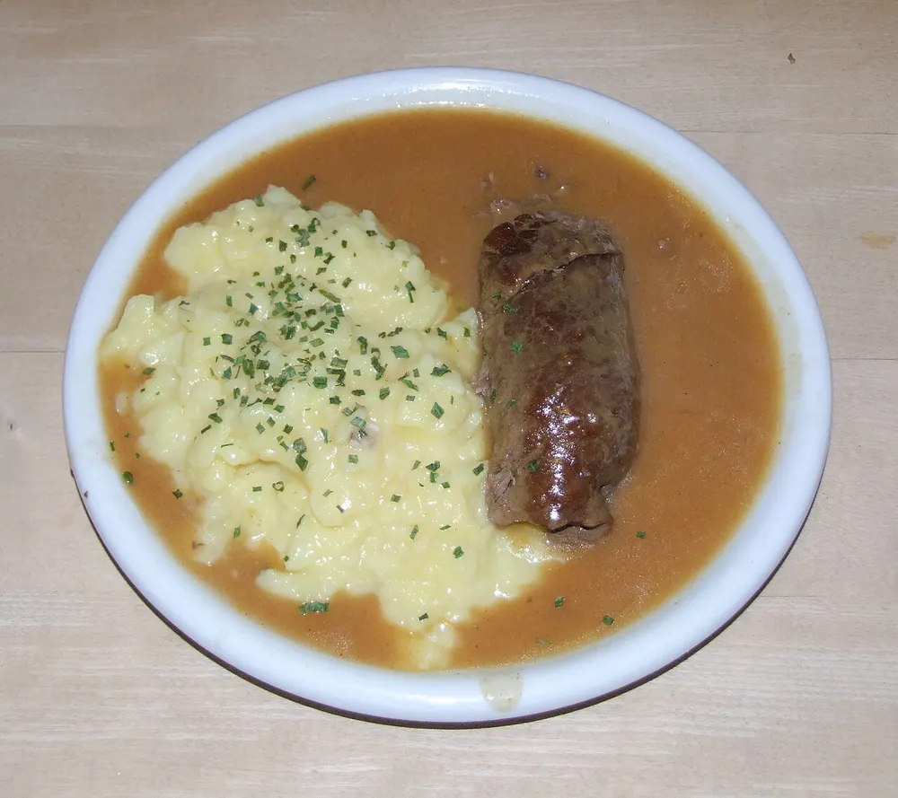 Rinderrouladen — beef roulade in dark gravy with spätzle