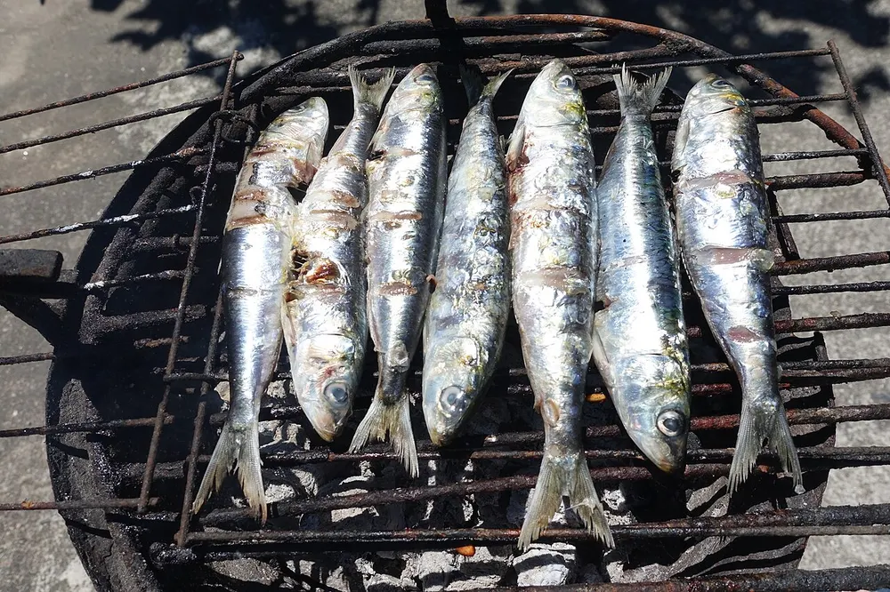 Sardinhas assadas — whole sardines grilled over charcoal