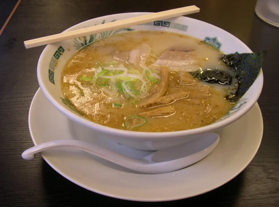 A bowl of tonkotsu ramen with chashu, egg and nori