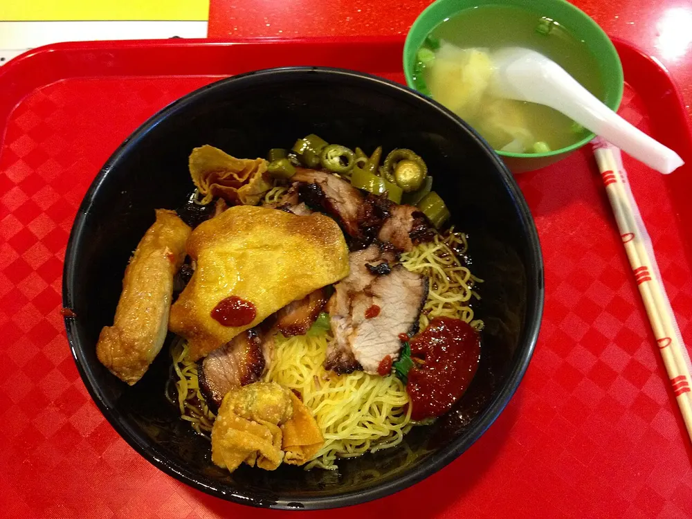 Wanton mee — egg noodles with char siu, fried and boiled wontons
