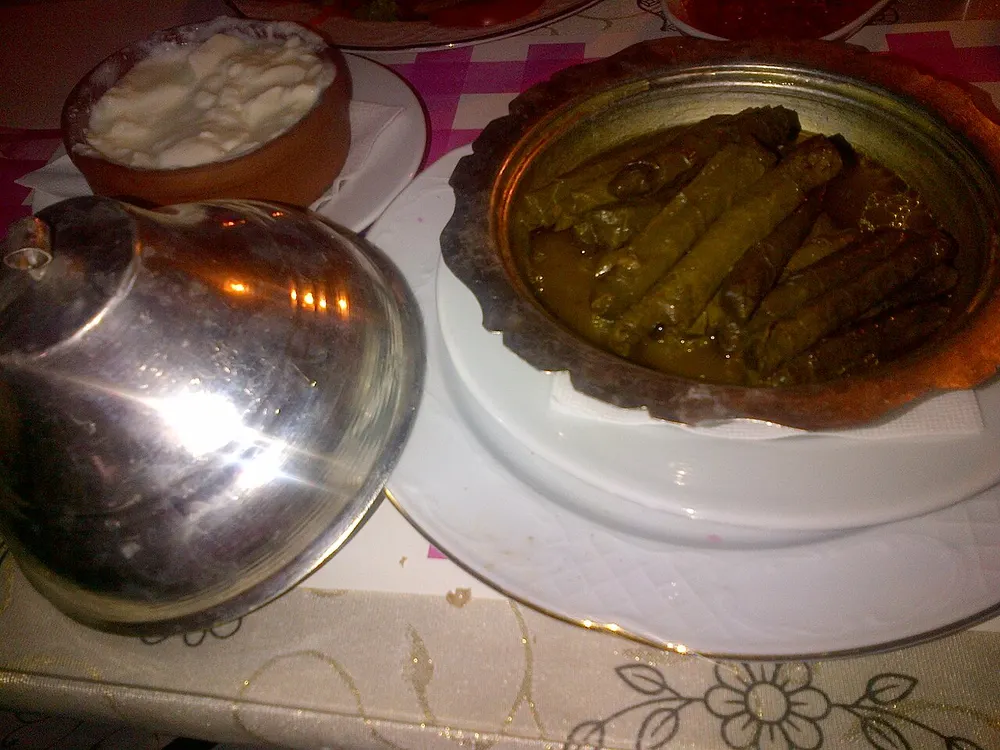Rice-stuffed vine-leaf rolls served with yogurt