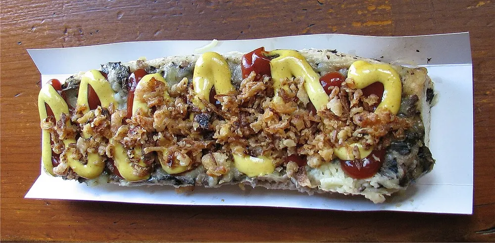 Zapiekanka — open-face baguette with mushrooms, cheese and fried onions